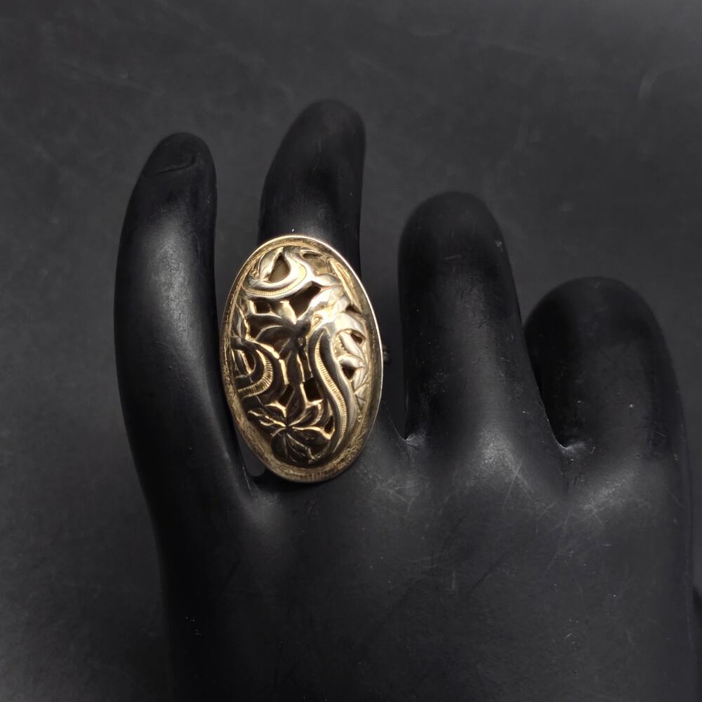Beau Sterling Floral Oval Ring Gold Wash Size 5 Vintage